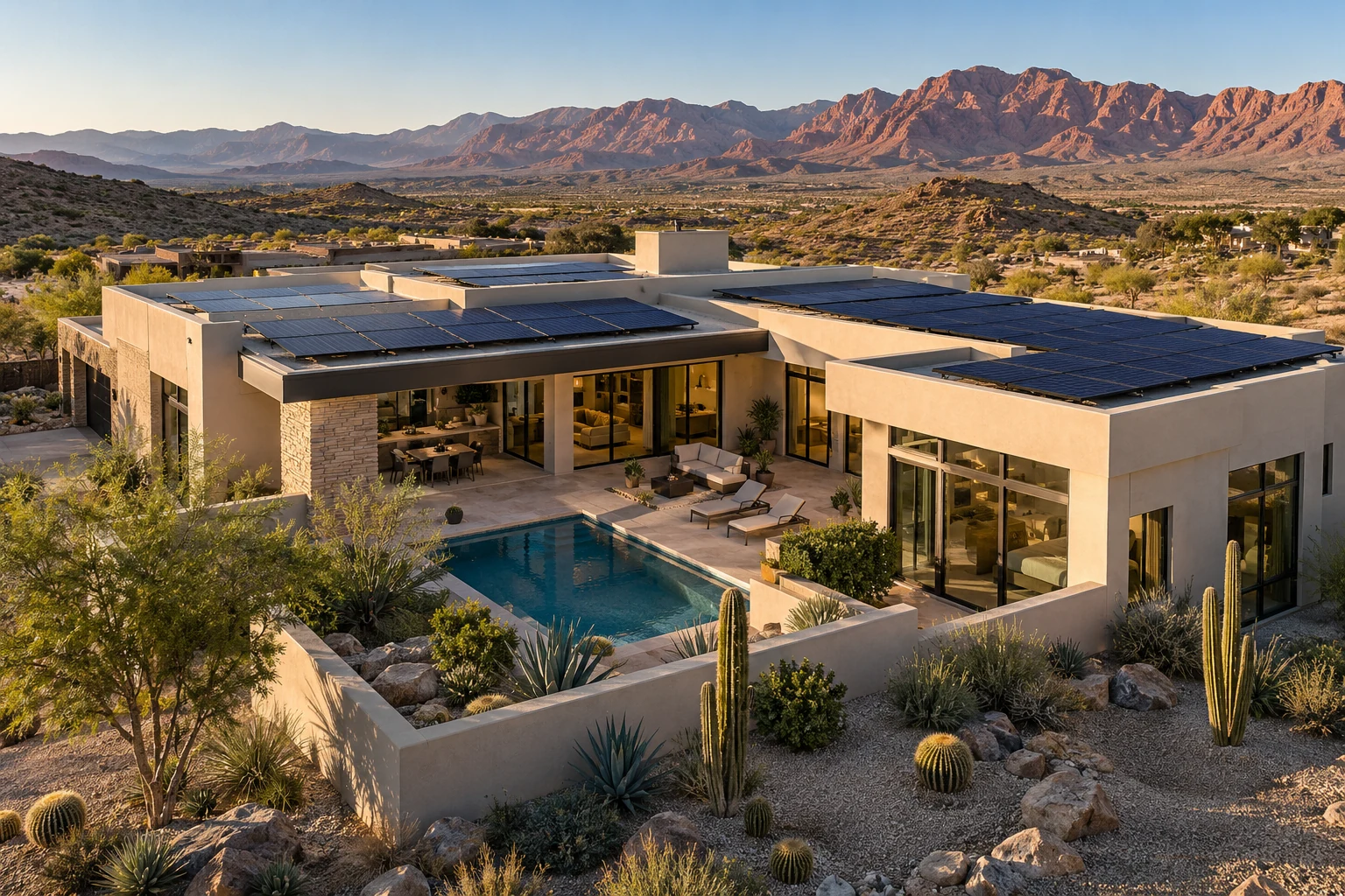 Aerial view of a desert home with rooftop solar panels and landscaped courtyard