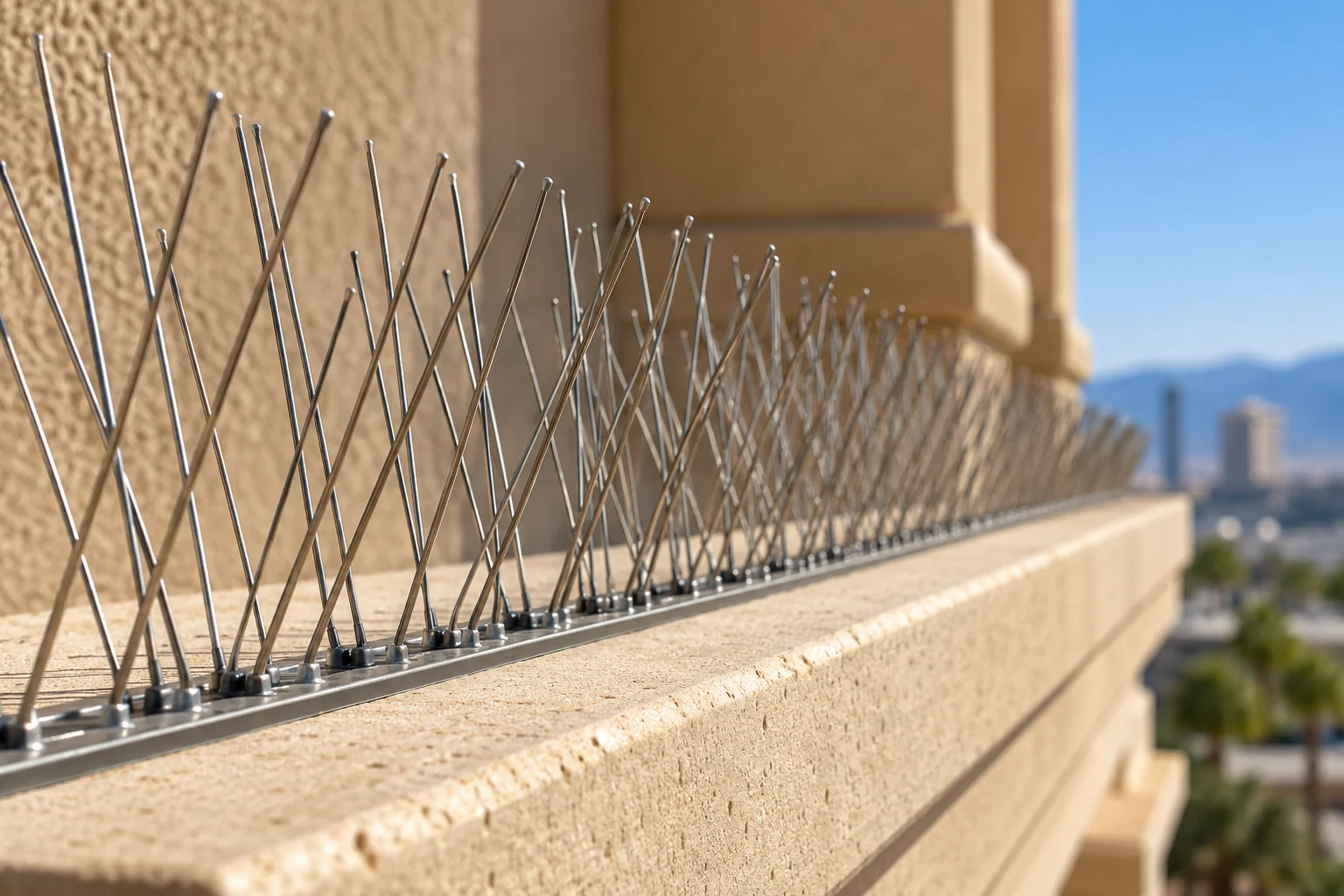 Stainless steel bird deterrent spikes fitted in a straight line along a beige building ledge