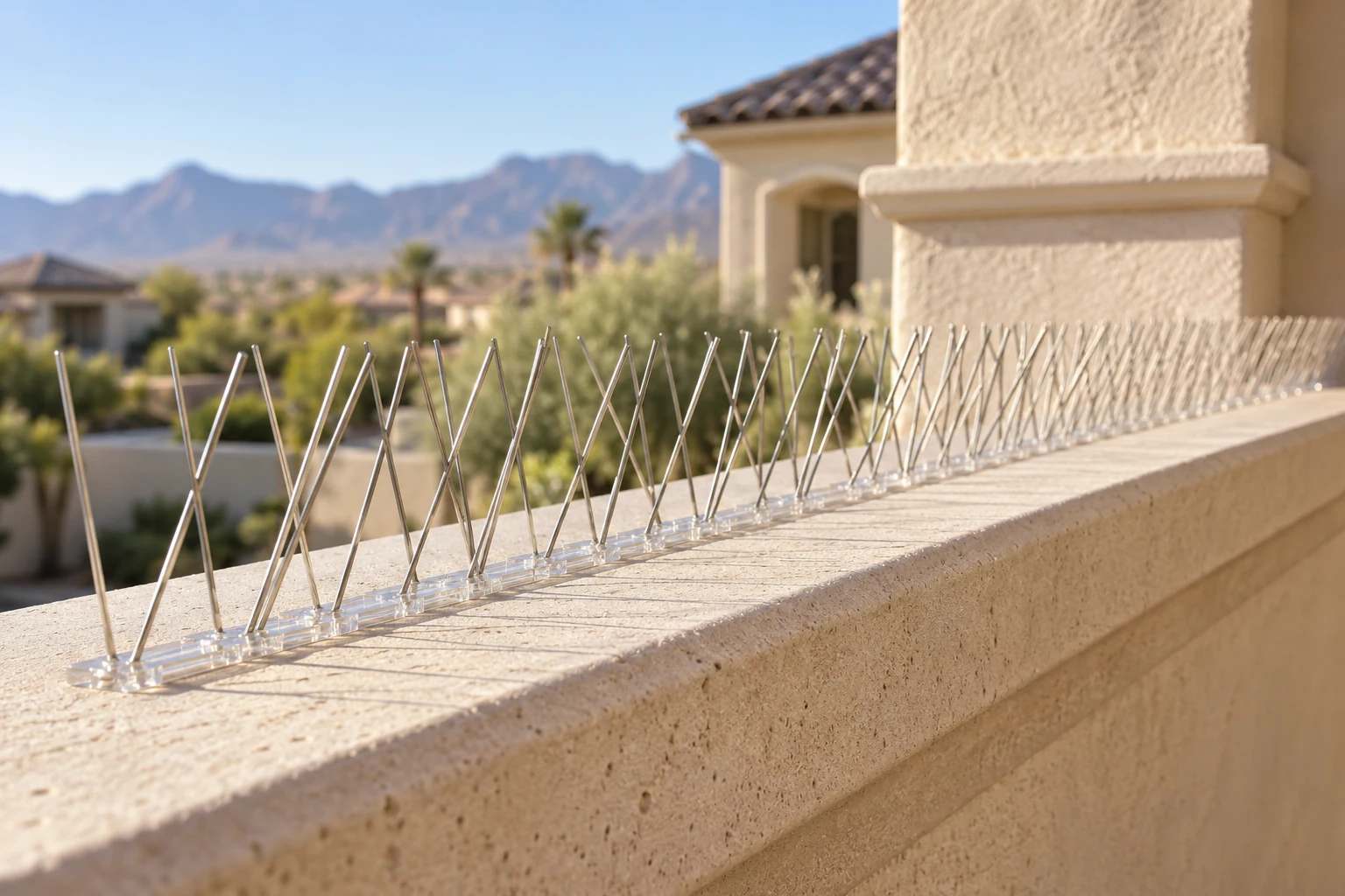 Stainless steel bird deterrent spikes fitted along a tan roof ledge