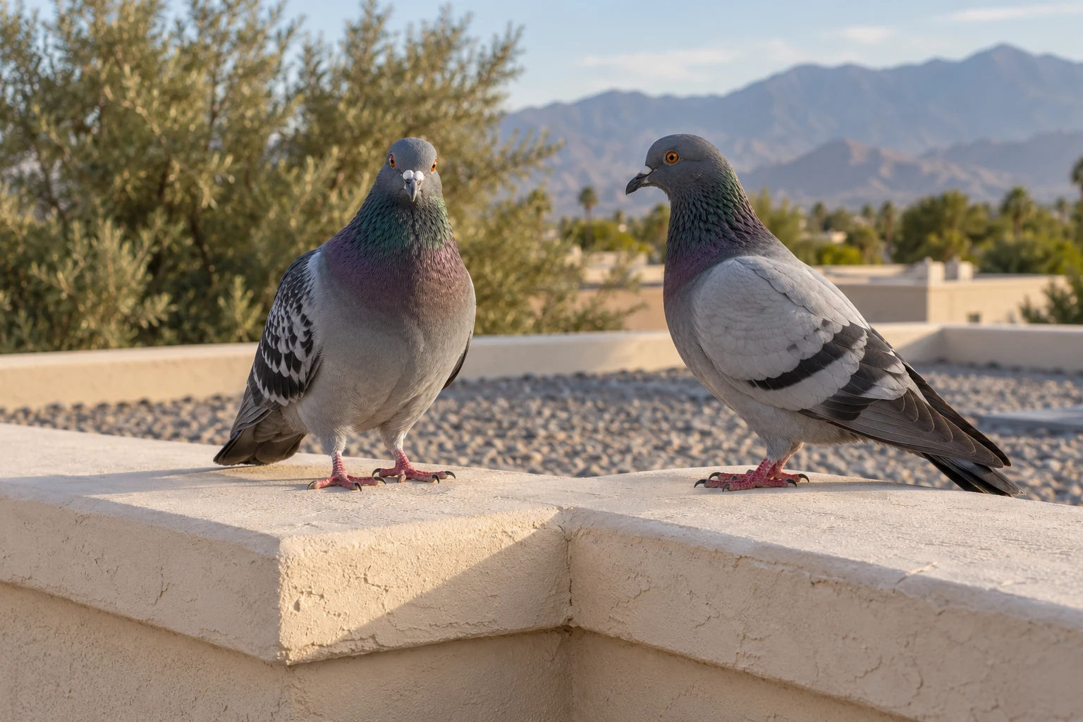 Two gray pigeons standing at a cream stucco rooftop parapet corner above a desert neighborhood