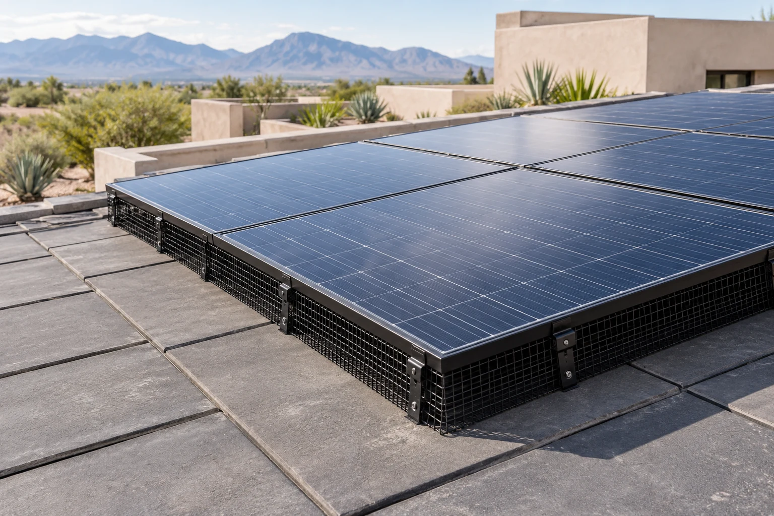 Black mesh barrier following a solar array perimeter above charcoal roof tiles with a desert home beyond