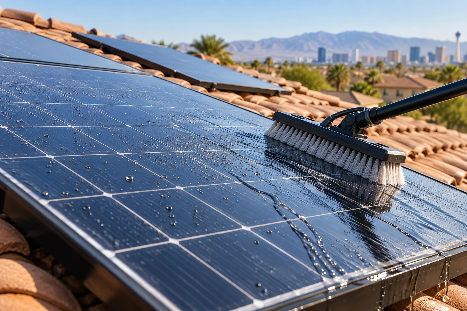 Soft brush and water gently cleaning the surface of a solar panel