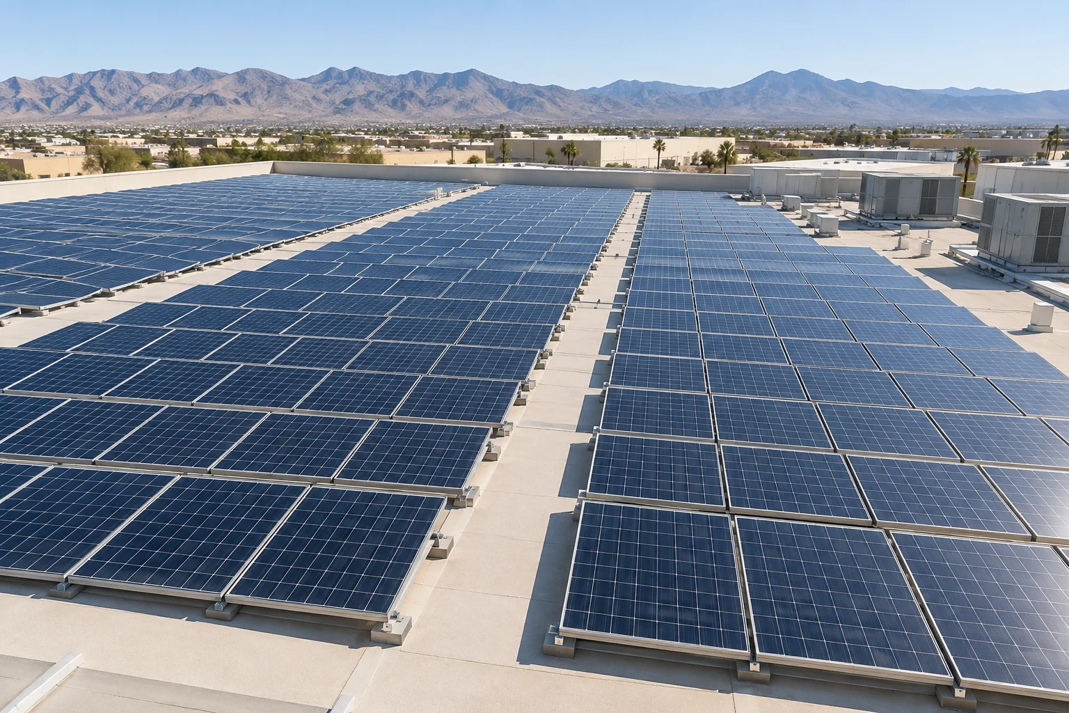 Large commercial solar array with clear rooftop maintenance walkways and a desert mountain backdrop