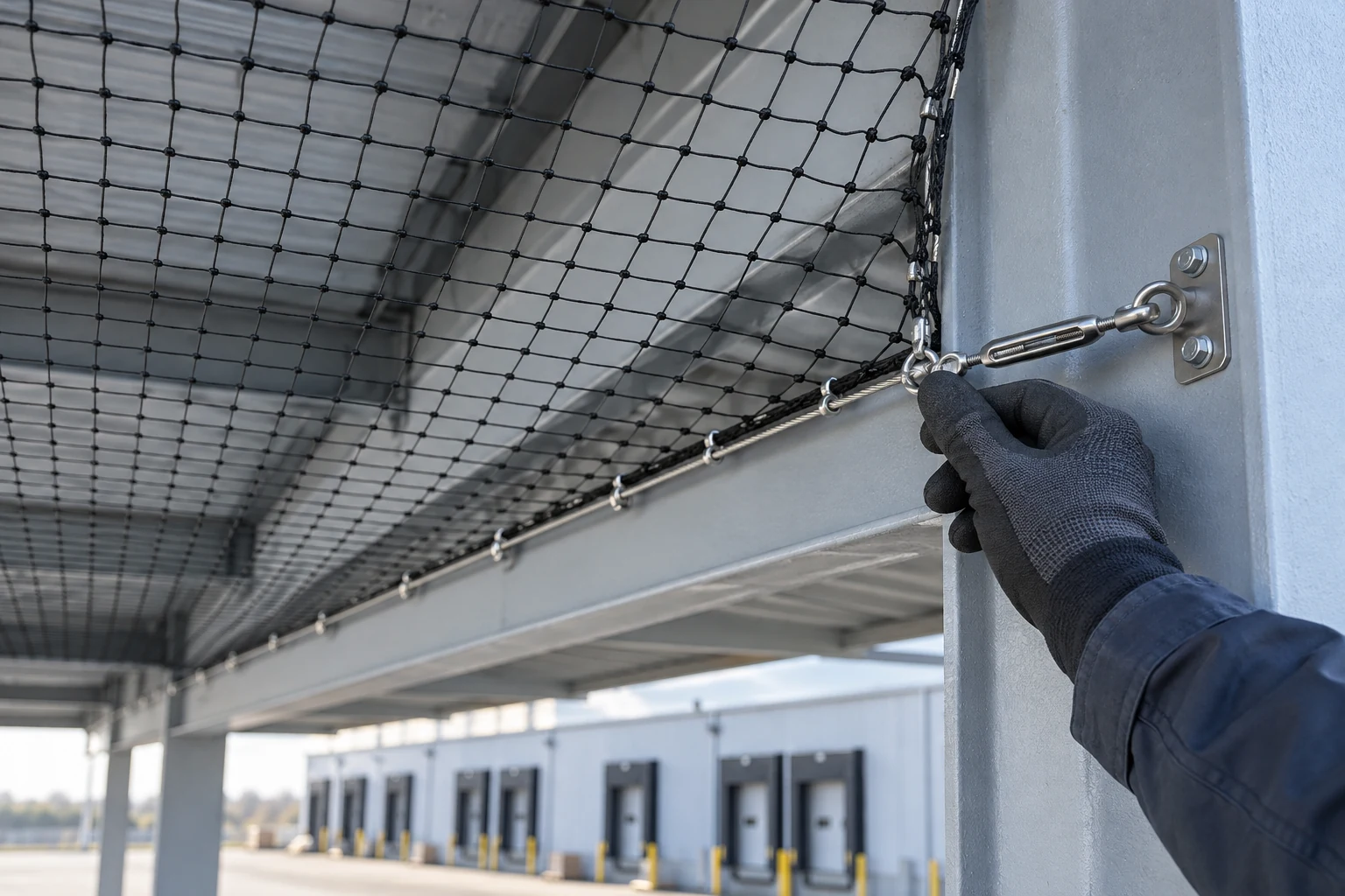 A gloved hand checks a cable attachment securing black bird netting beneath a steel loading canopy.
