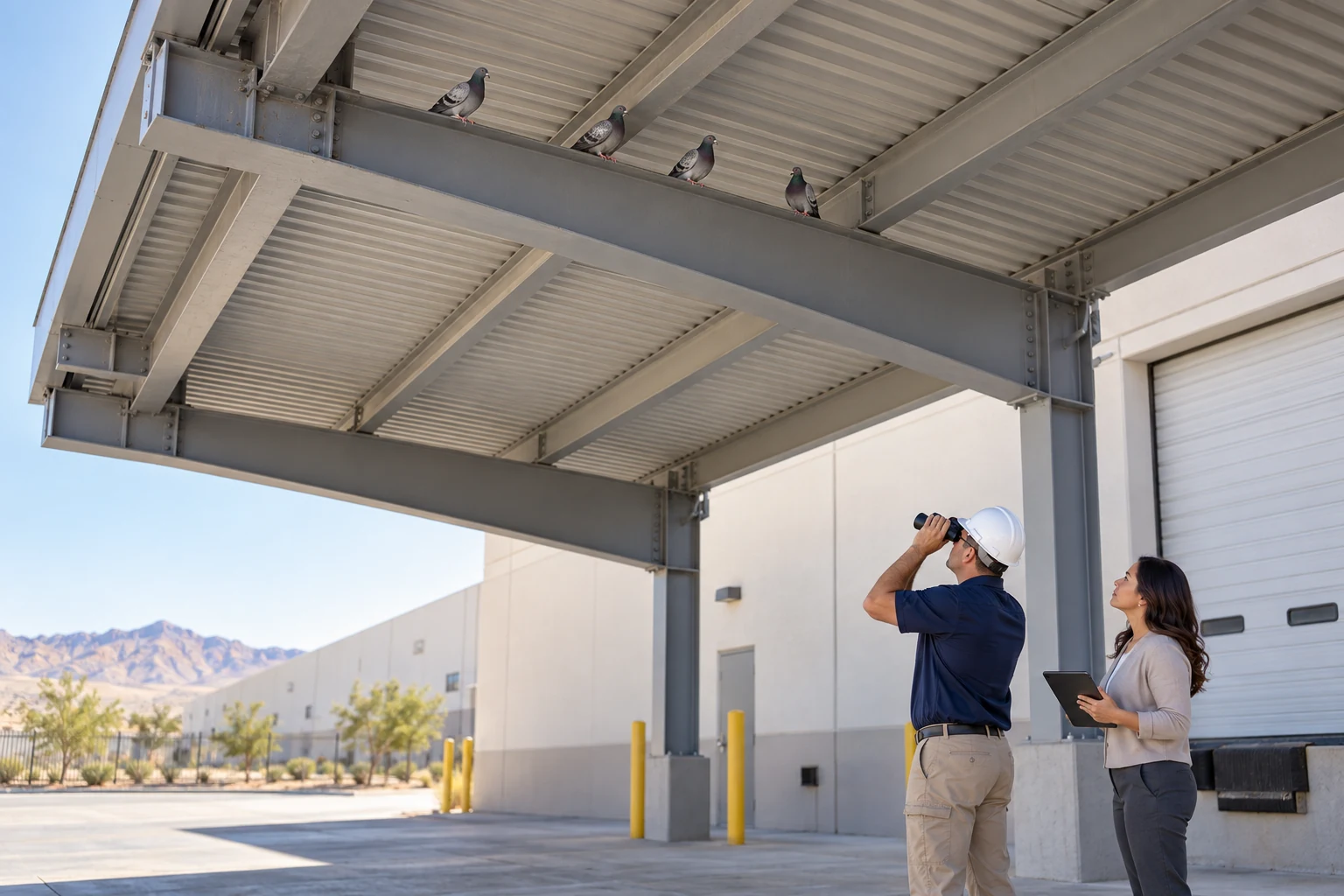 A technician and property contact observe pigeons perched on steel beams beneath a warehouse loading canopy.