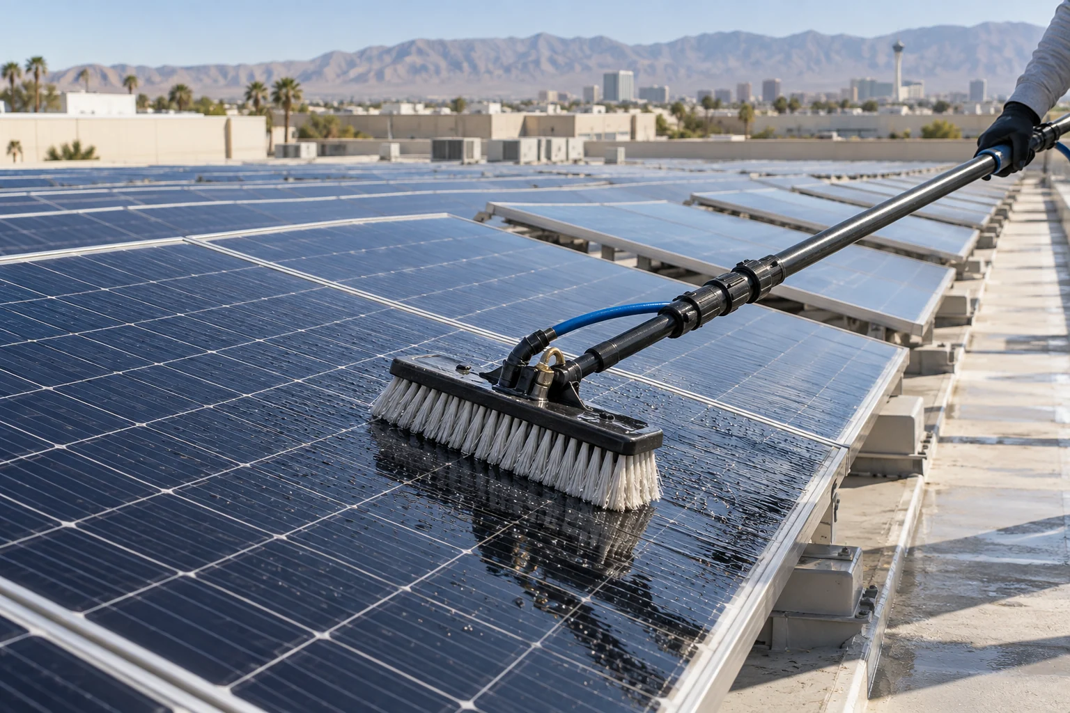 Close view of a soft water fed brush cleaning a solar panel in a commercial rooftop array