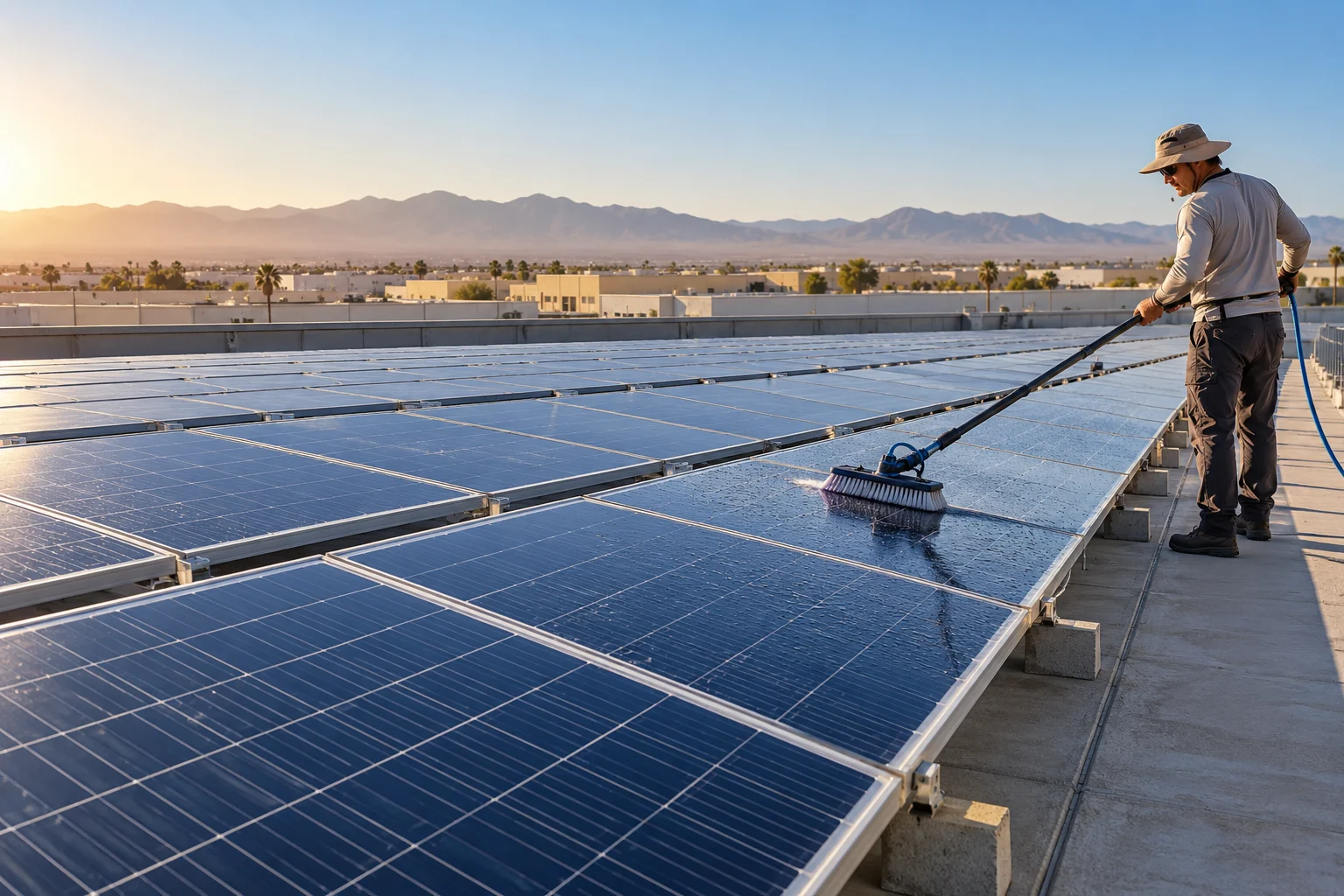 Technician using a soft water fed brush on a commercial solar array beside a rooftop walkway