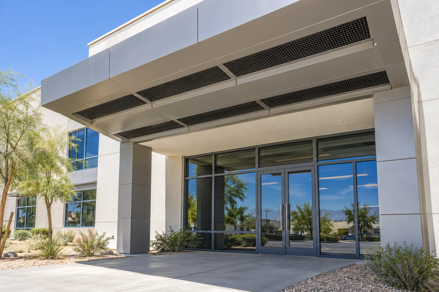 Discreet exclusion mesh protecting a commercial building canopy above a clear entrance