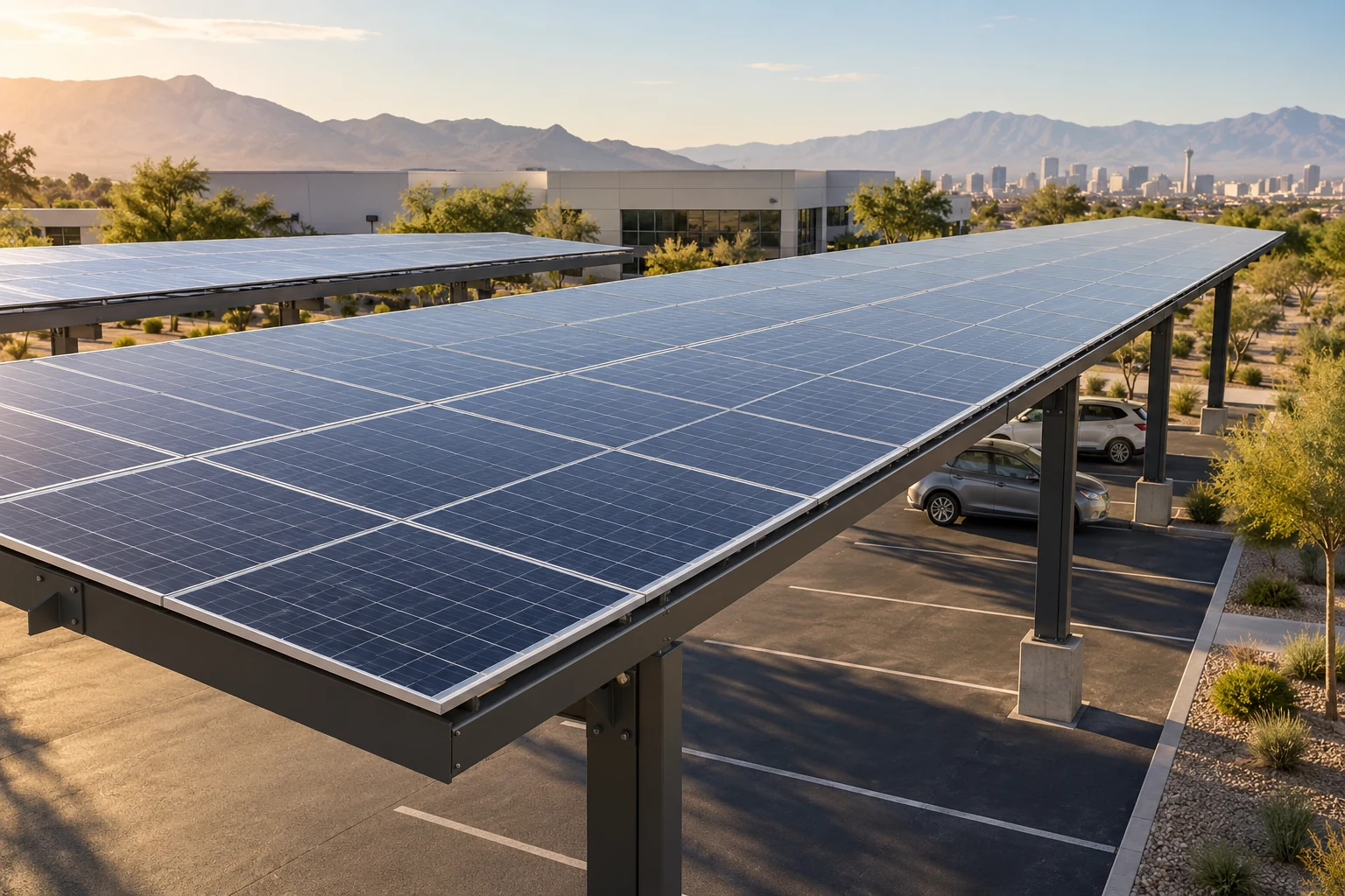 Rows of blue black solar panels covering a commercial carport above a quiet desert parking area