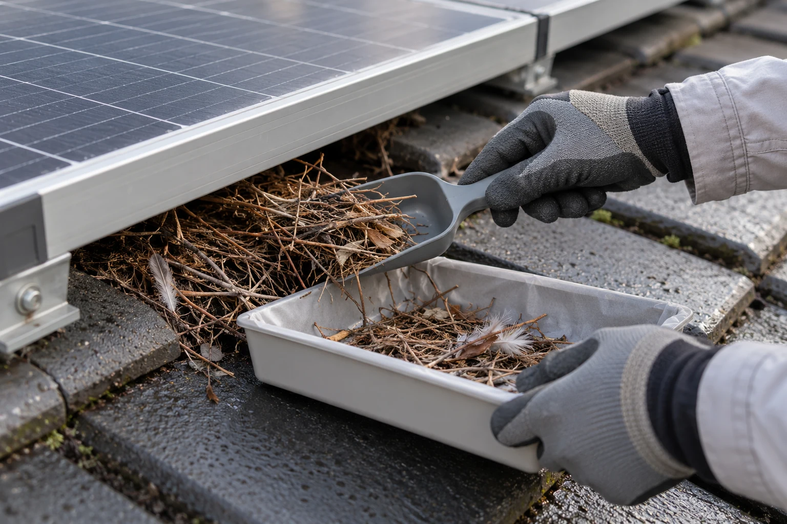 Gloved hands using a small scoop to collect loose twigs from an empty nest beside a rooftop solar panel