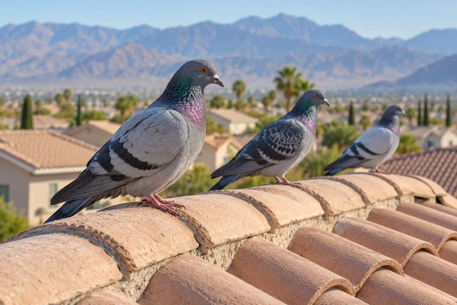 Three gray pigeons resting along a pale clay roof ridge above a Las Vegas desert neighborhood