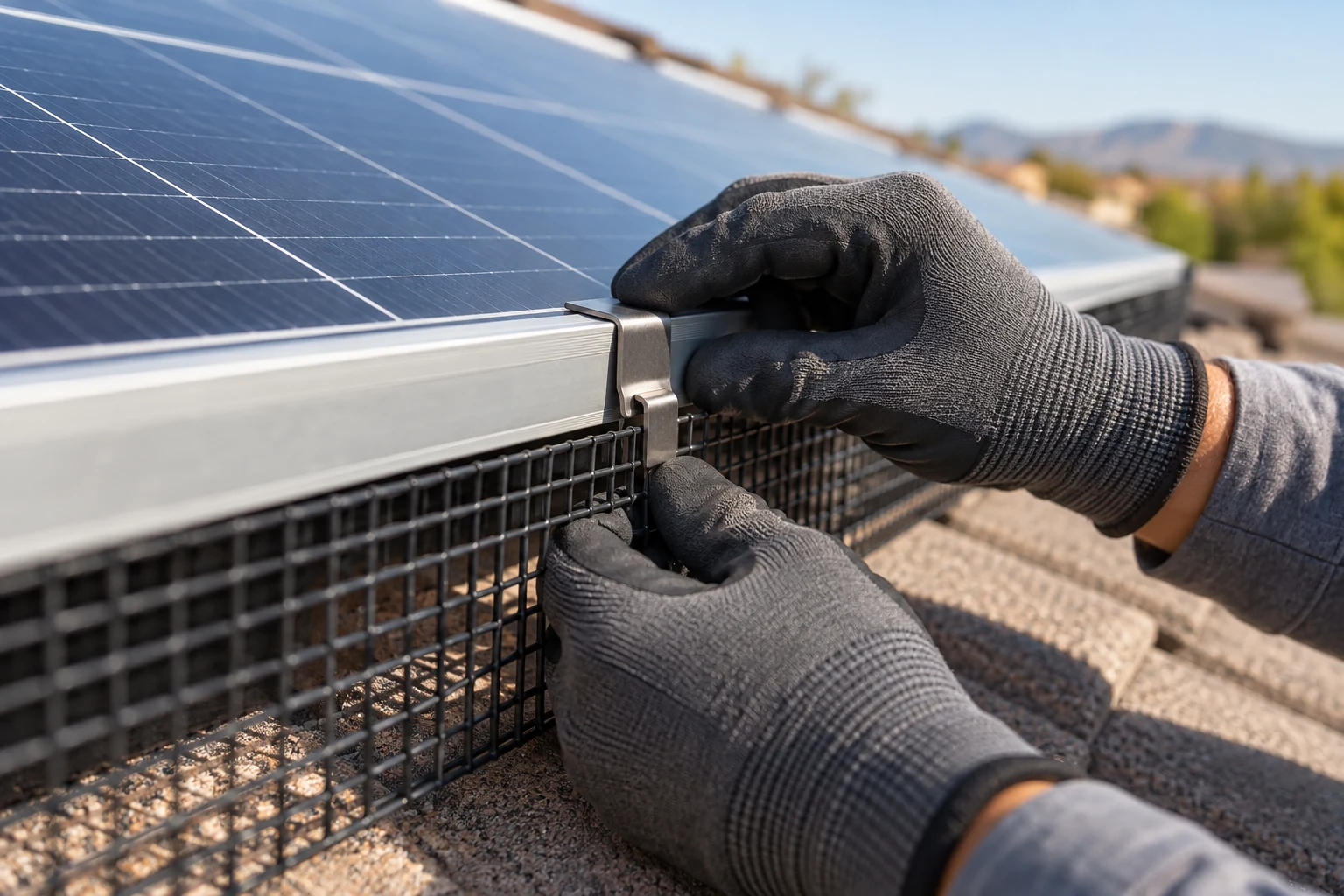 Gray gloved hands adjusting an external fastener on solar bird guard mesh