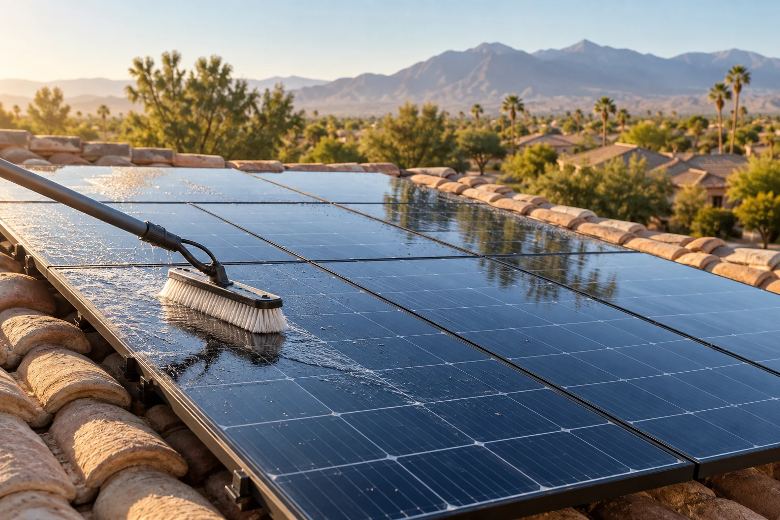 Soft water brush cleaning rooftop solar panels beside a Las Vegas tile roof in morning light