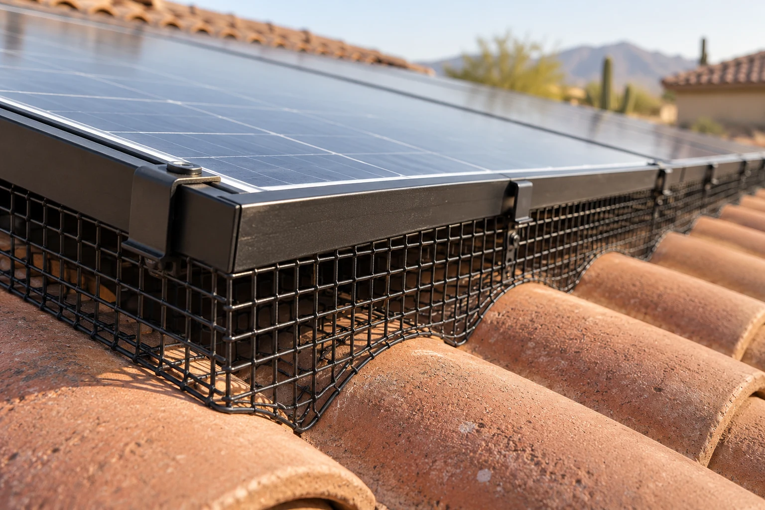 Black coated mesh following the lower edge of a solar panel above curved terracotta roof tiles