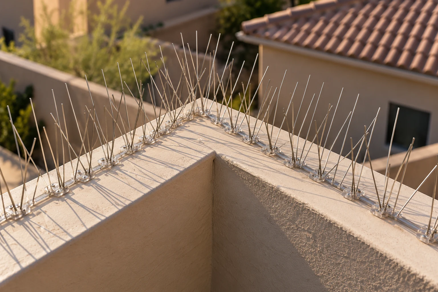 A neat row of stainless bird deterrent spikes along a sunlit roof parapet