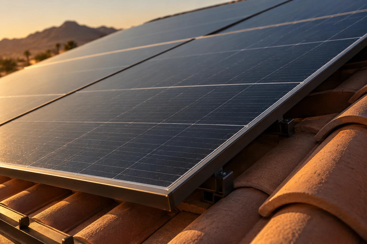 Close view of dark photovoltaic cells reflecting warm golden sunlight