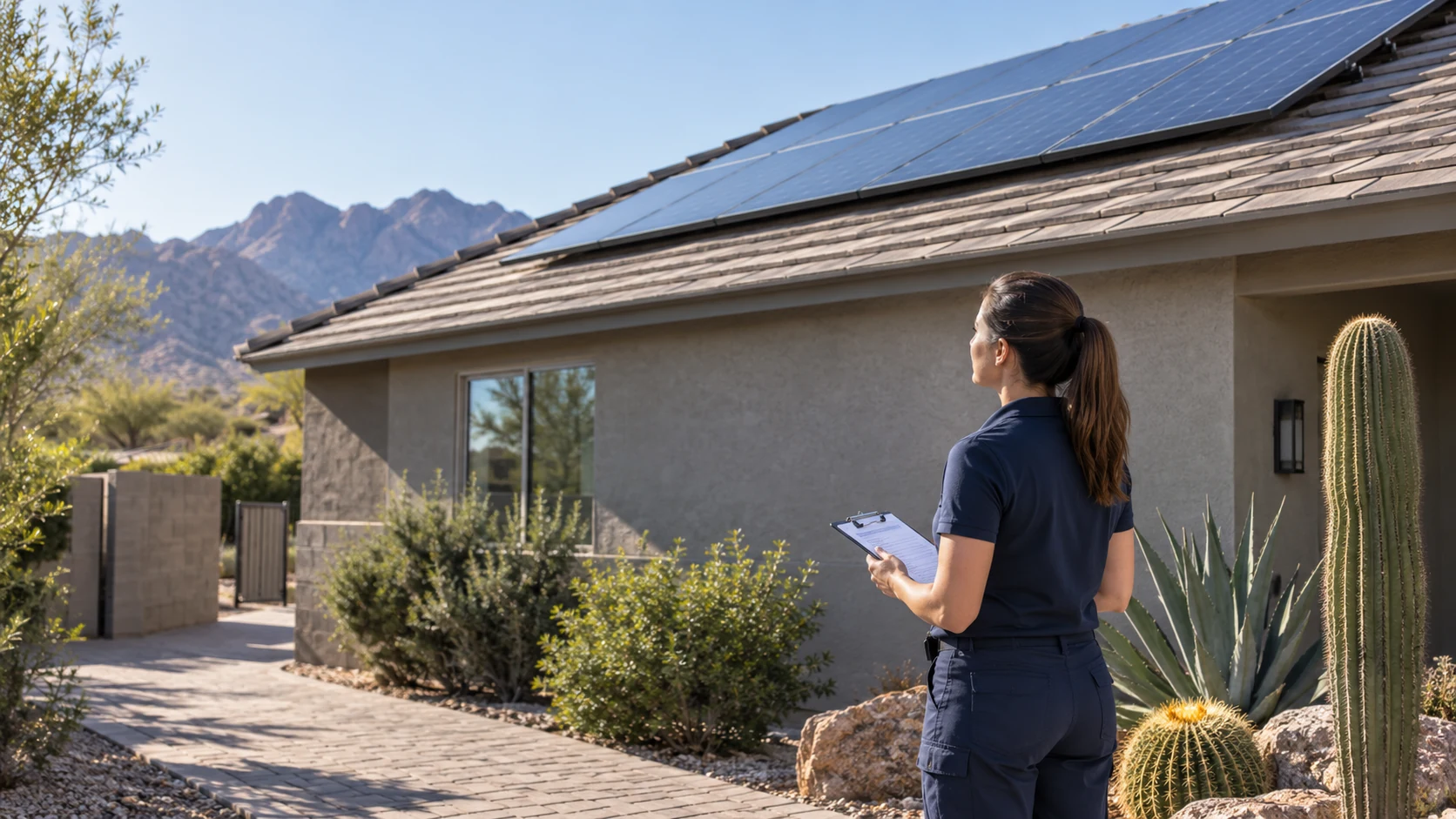 Technician holding a clipboard in a courtyard while looking toward rooftop solar panels