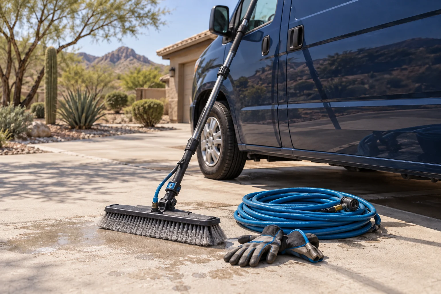 Solar cleaning tools arranged beside a plain work van