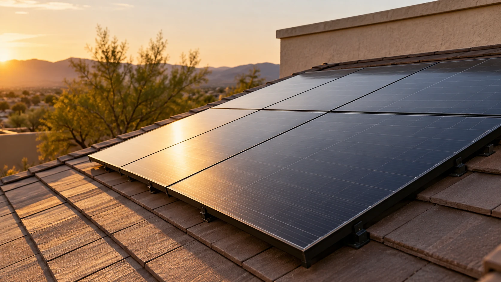 Sunlight reflecting across clean solar panels beside a stucco parapet