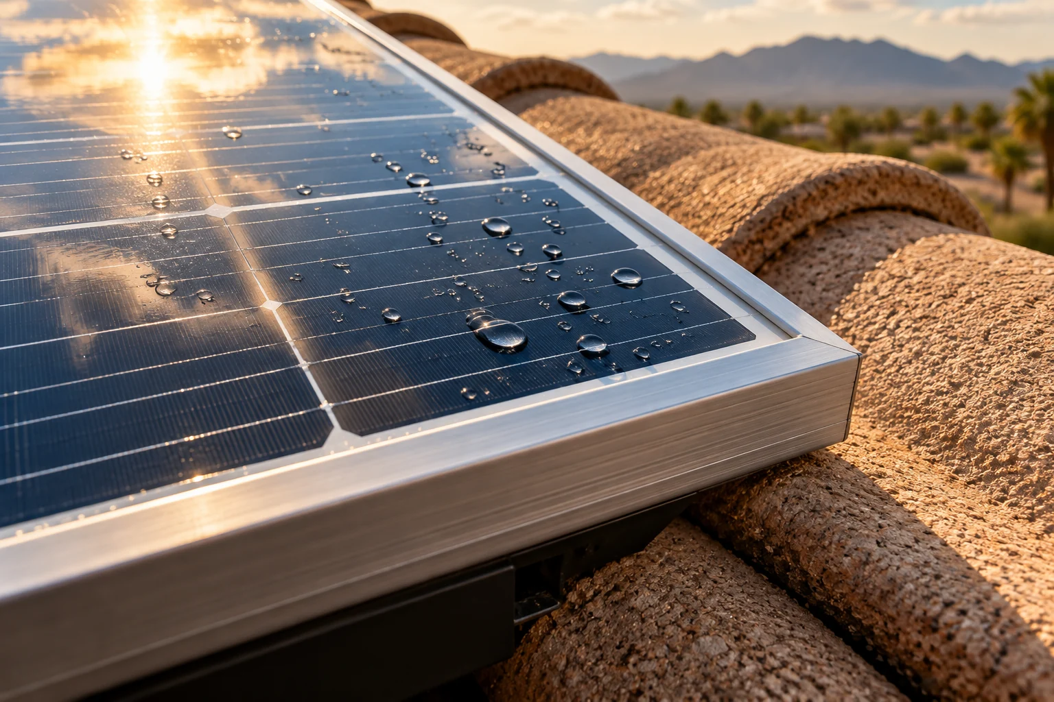 Water droplets on a clean solar panel corner