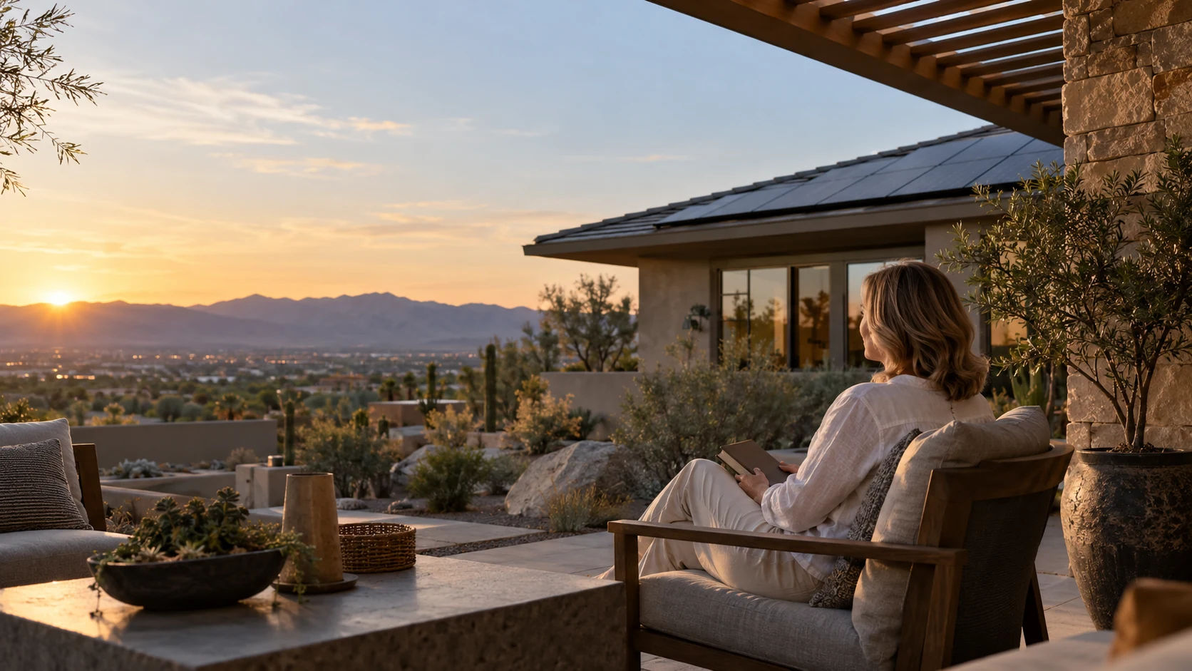 Homeowner seated under a pergola beside a solar roof and desert garden