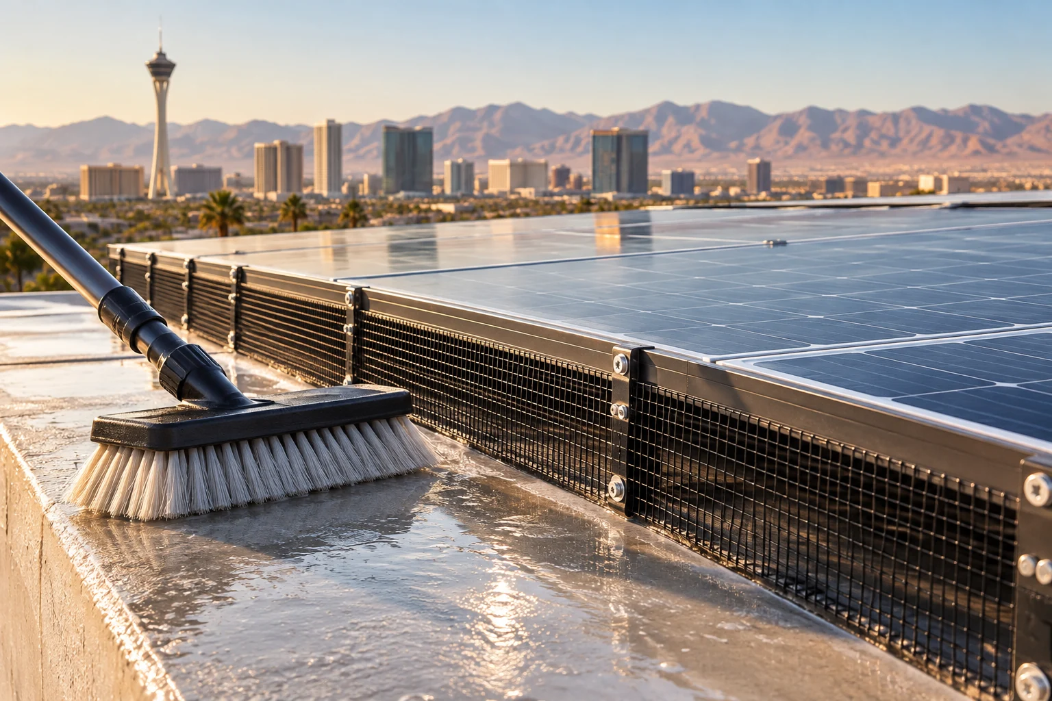 Cleaning brush beside a neatly fitted solar bird barrier