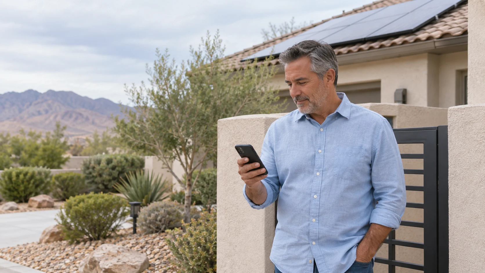 Homeowner reviewing a phone beside a courtyard gate beneath a solar roof
