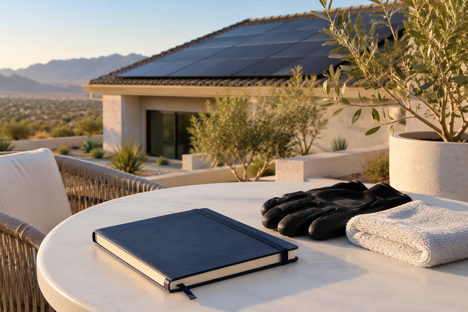 Blank navy notebook and protective gloves on a patio table near rooftop solar