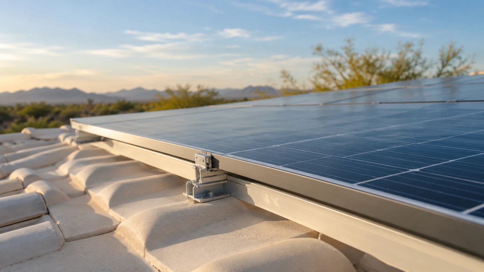 Aluminum solar panel frame and mounting rail above cream roof tiles