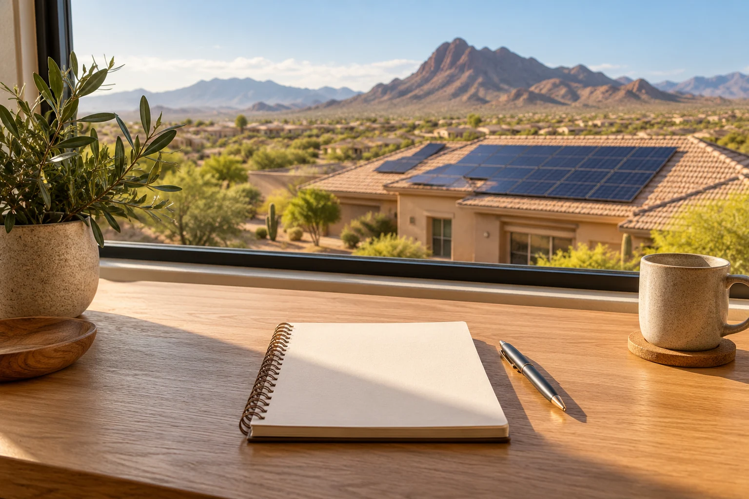 A blank notepad beside a window overlooking rooftop solar