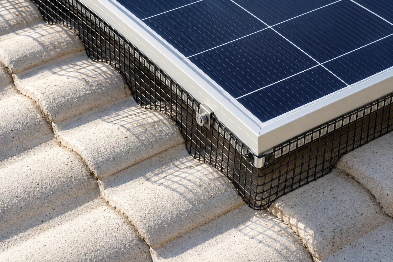 Installed black wire mesh meeting a solar panel corner above pale scalloped roof tiles