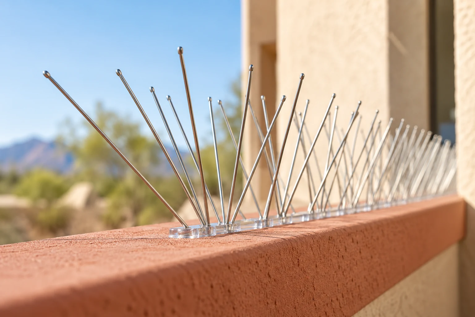 Slim stainless bird deterrent rods on a clear base along a terracotta colored stucco ledge