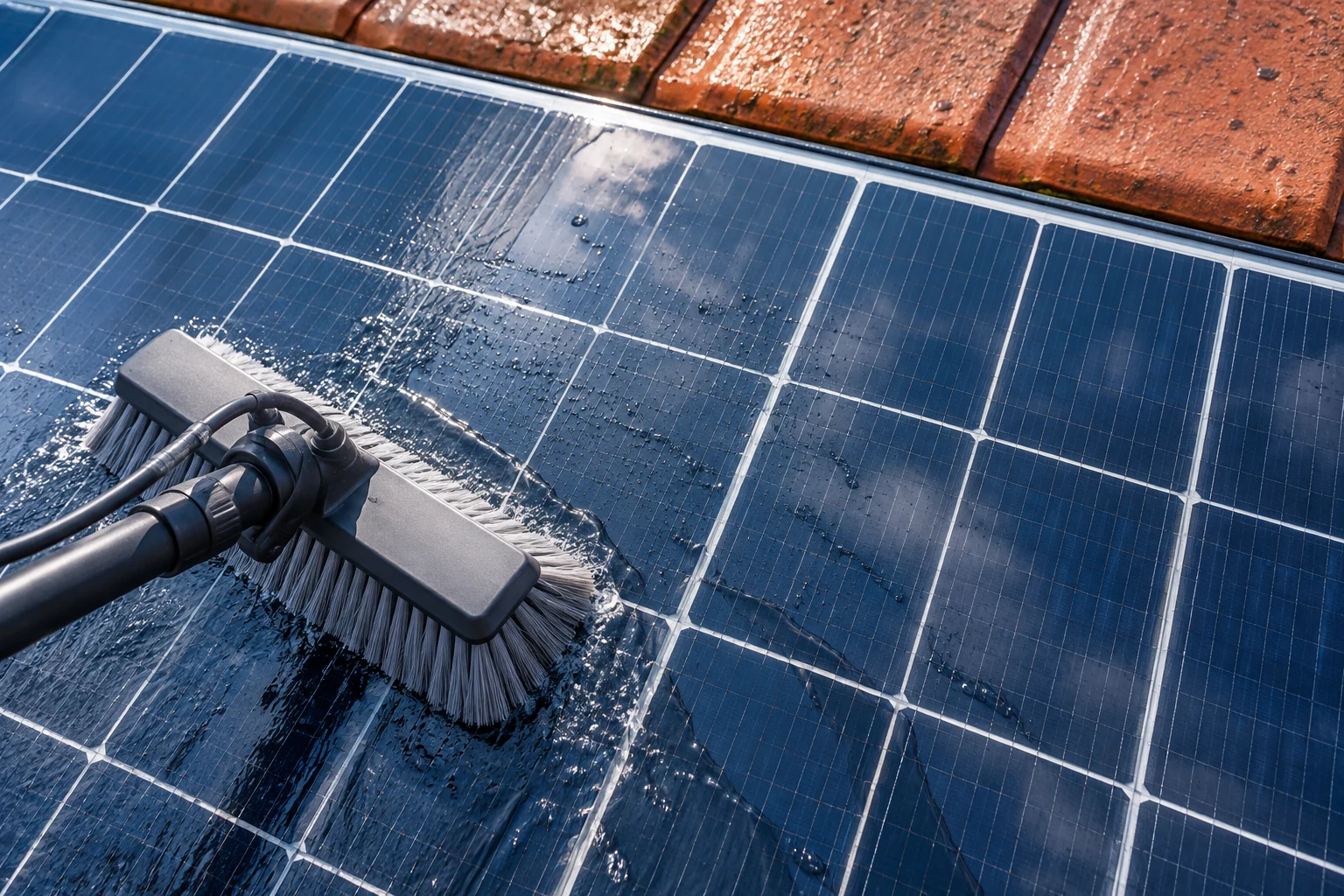 Soft gray bristle brush and clear rinse water on blue solar glass beside a red roof tile edge