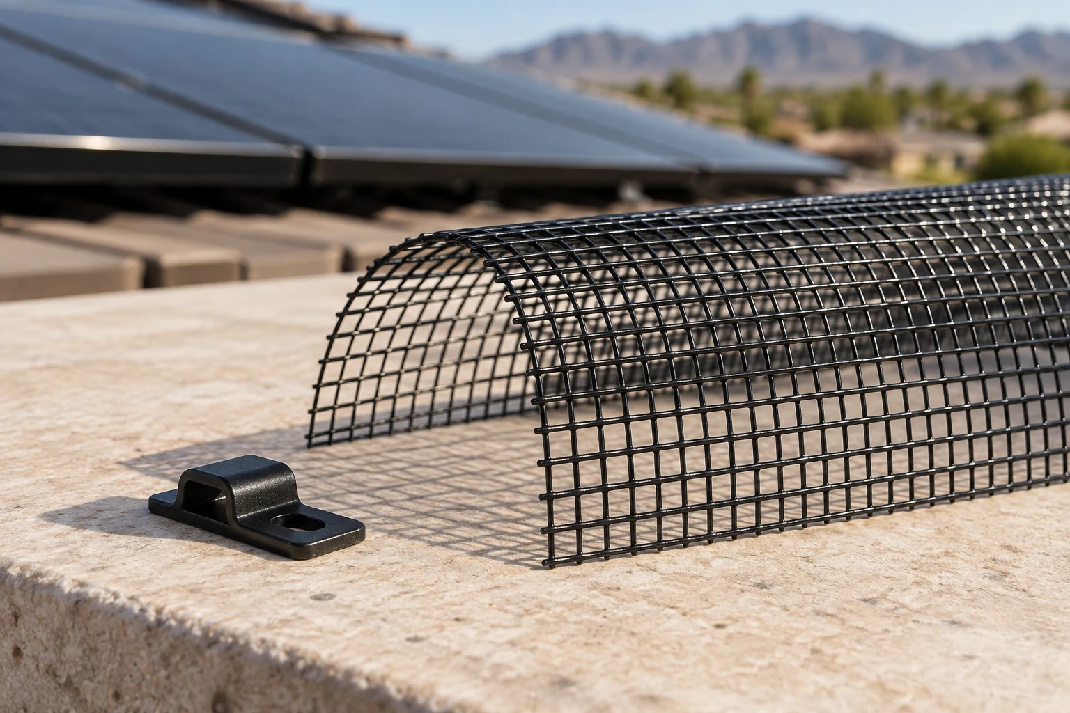 A black mesh sample and mounting clip on a cream outdoor work surface