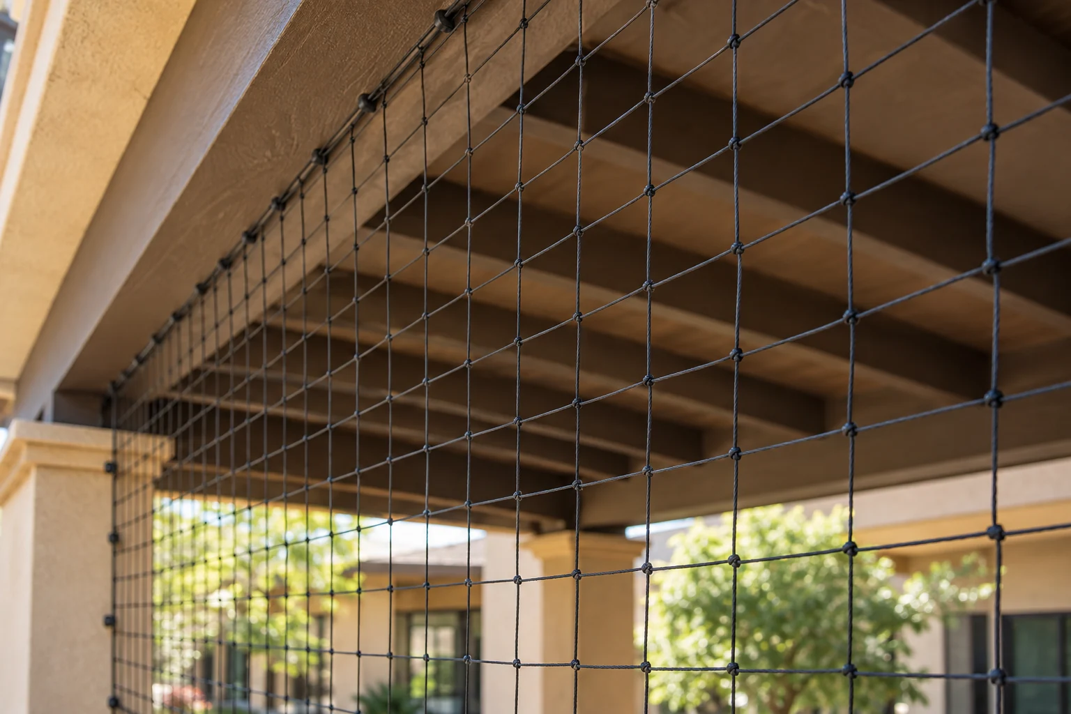Fine bird netting across a shaded courtyard opening