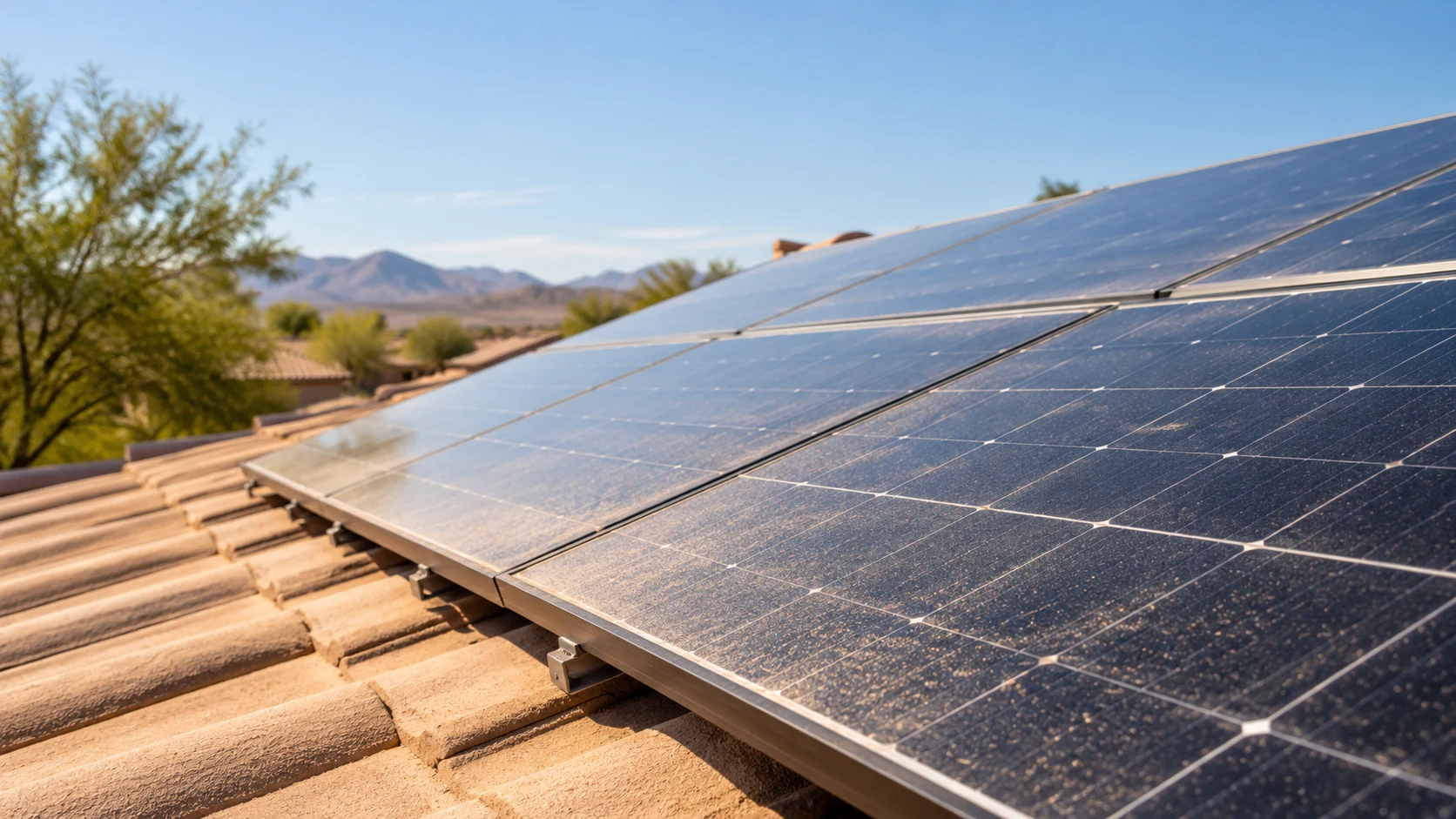 Faint dust traces along a solar panel frame above tan roof tiles