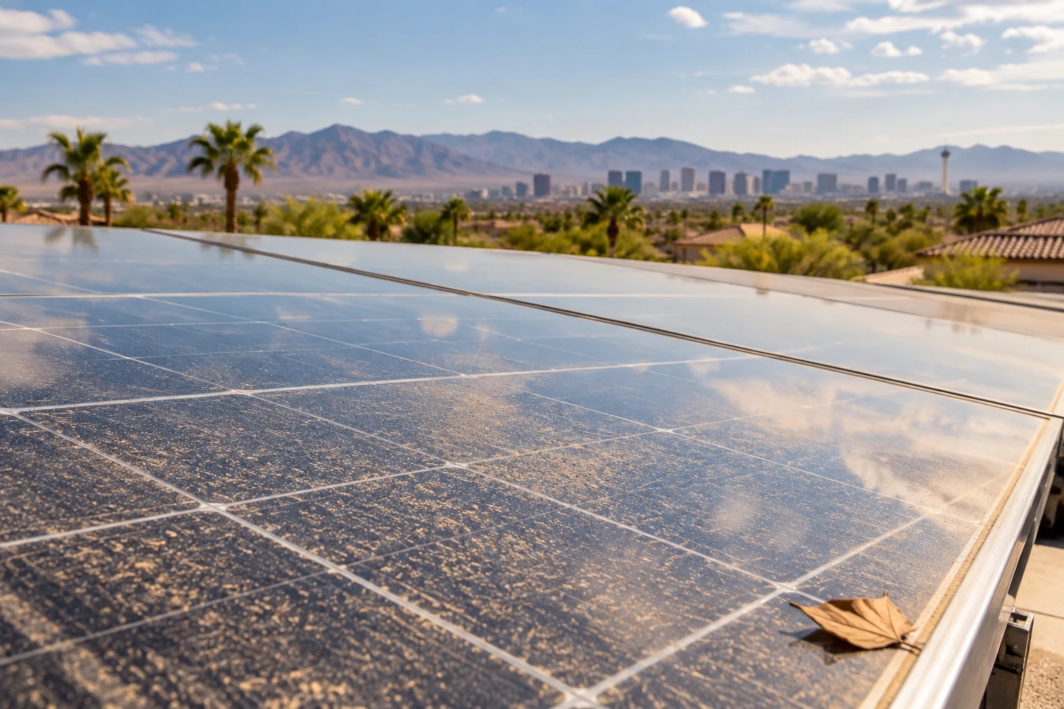 Fine dust and a dry leaf on solar panel glass