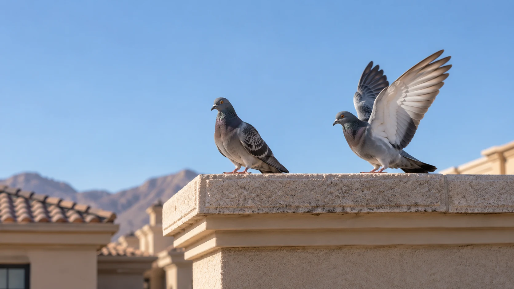Two pigeons on a pale roof ledge, one beginning to open its wings
