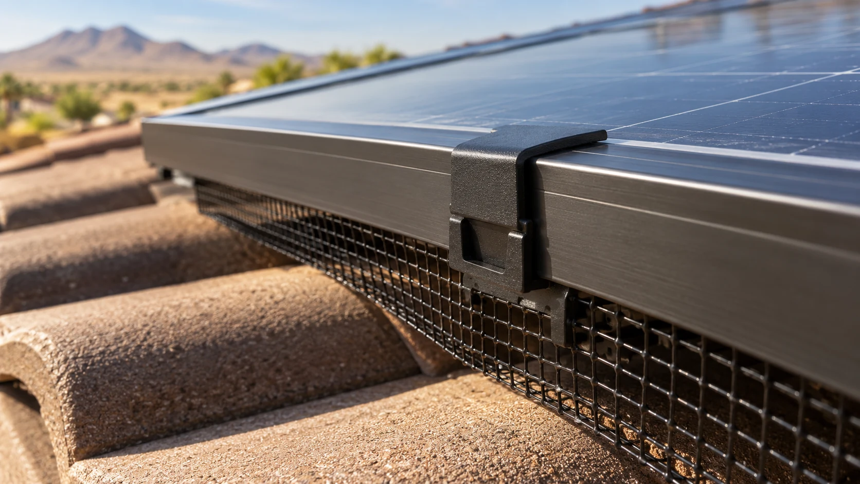 Solar mesh clip attached beneath an aluminum panel frame above a tile roof