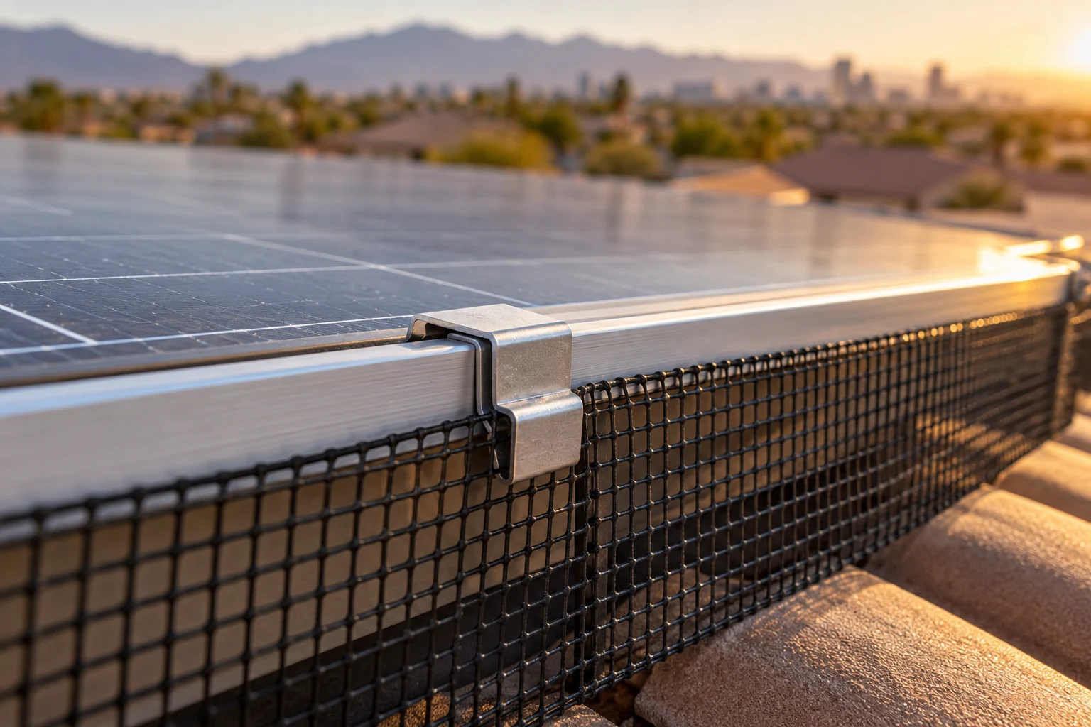 A clip securing bird guard mesh to a solar panel frame