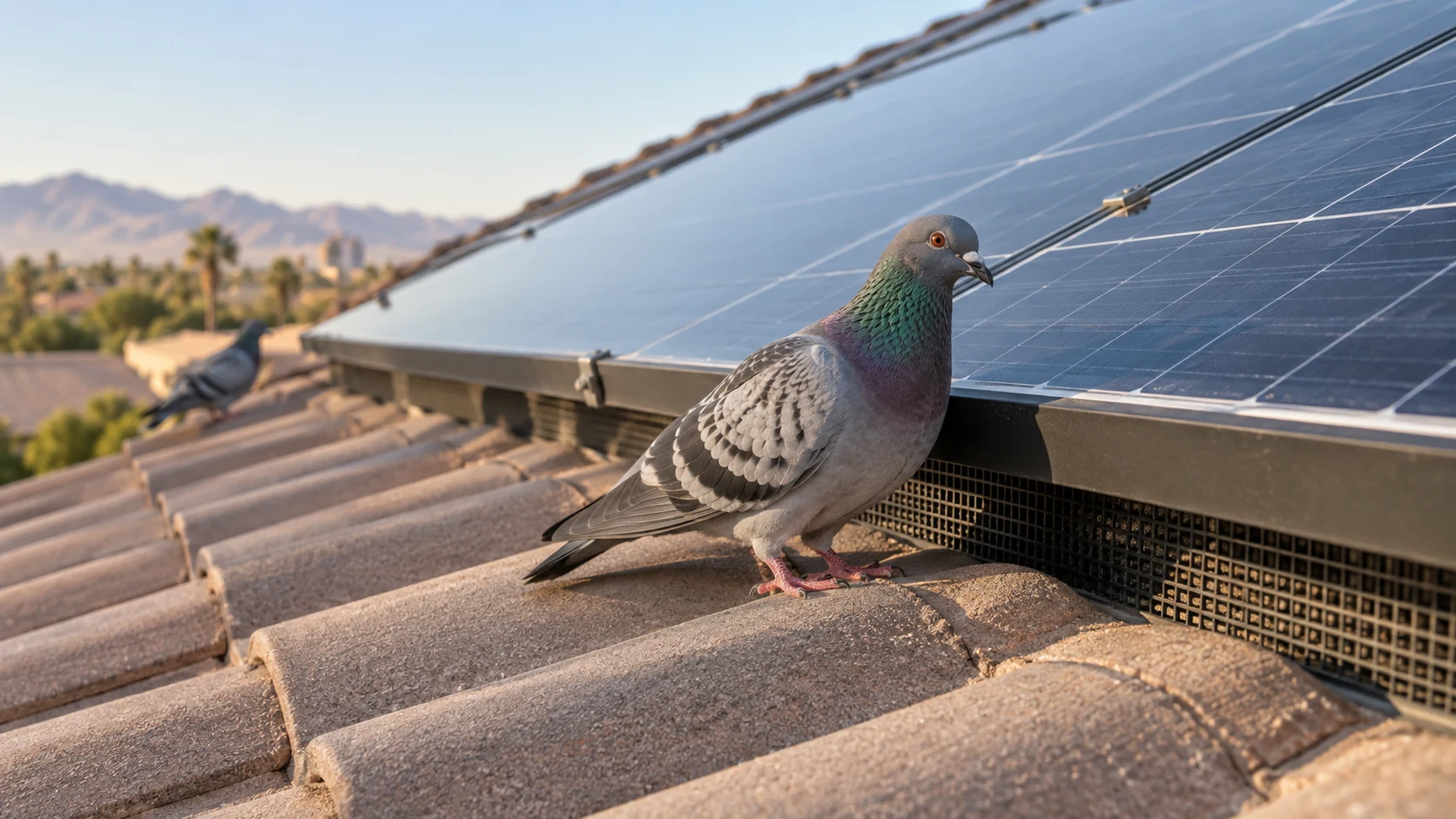 Gray pigeon beside a mesh guarded rooftop solar panel