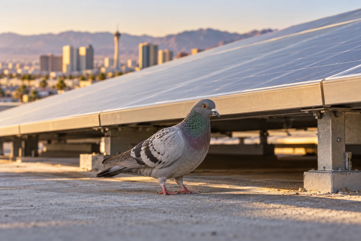A pigeon beside the sheltered edge of a solar array
