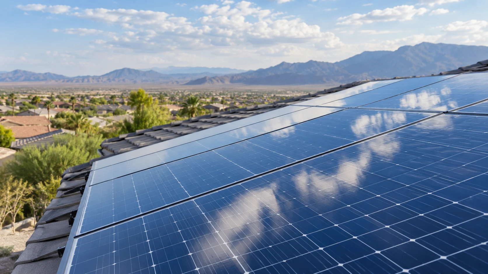 Cloud reflections across clean solar panel glass above a desert roof