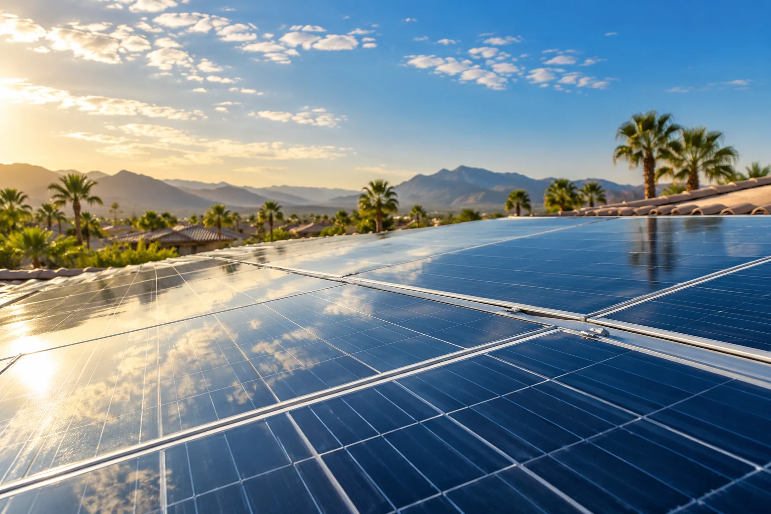 Morning sunlight reflected in blue photovoltaic cells