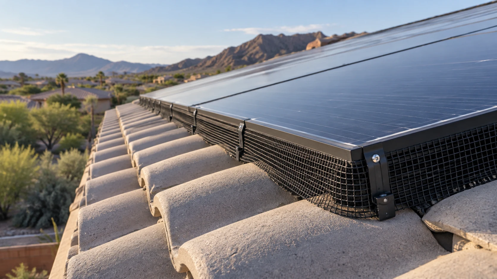 Solar mesh and attachment clips extending along gray roof tiles