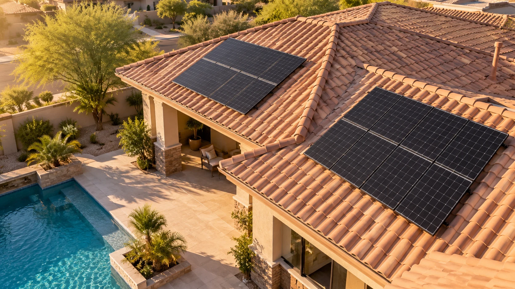 Two groups of solar panels on separate planes of a tile roof