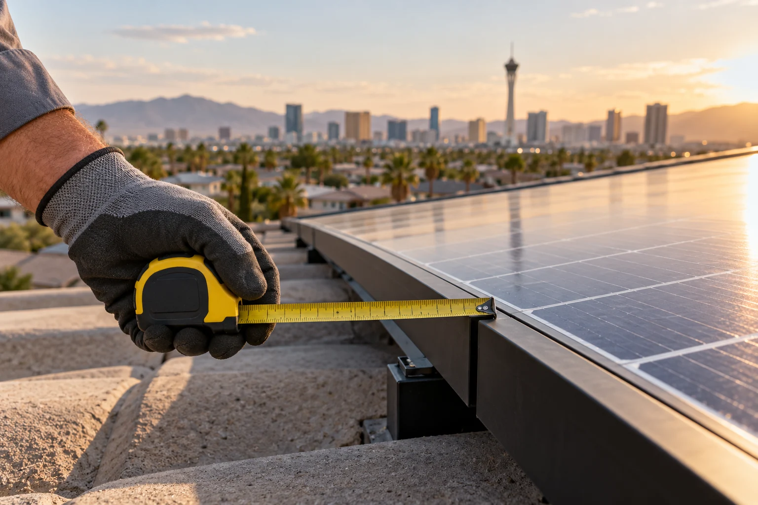 A gloved hand assessing the edge of a solar array
