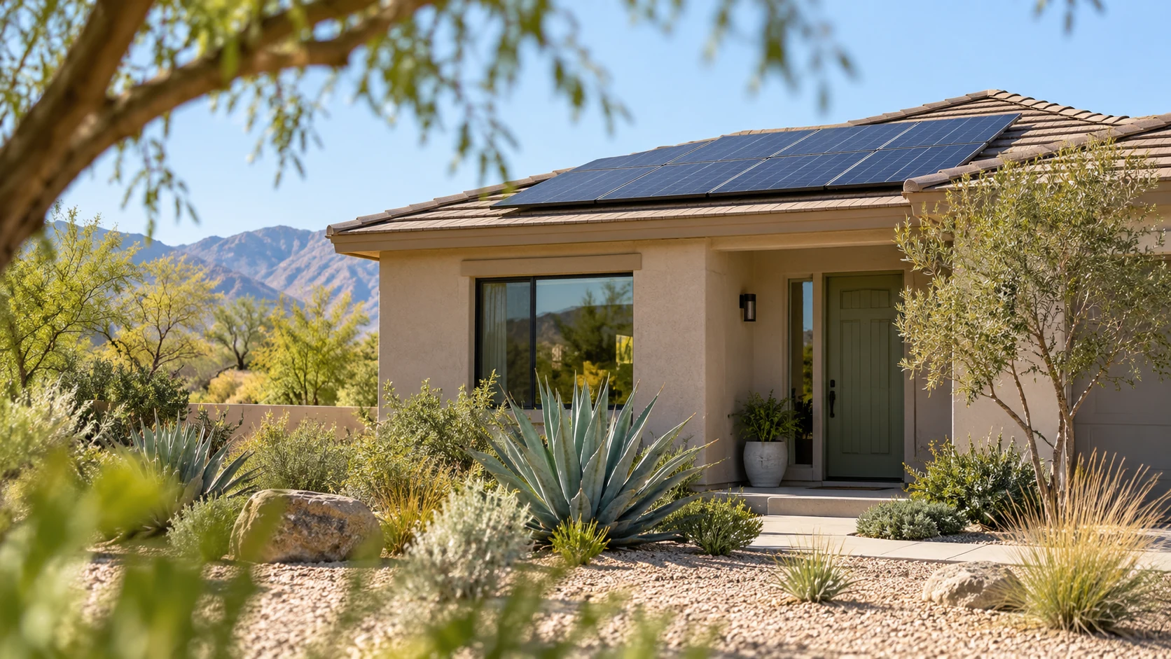 Desert bungalow with a sage green door, solar roof and agave garden