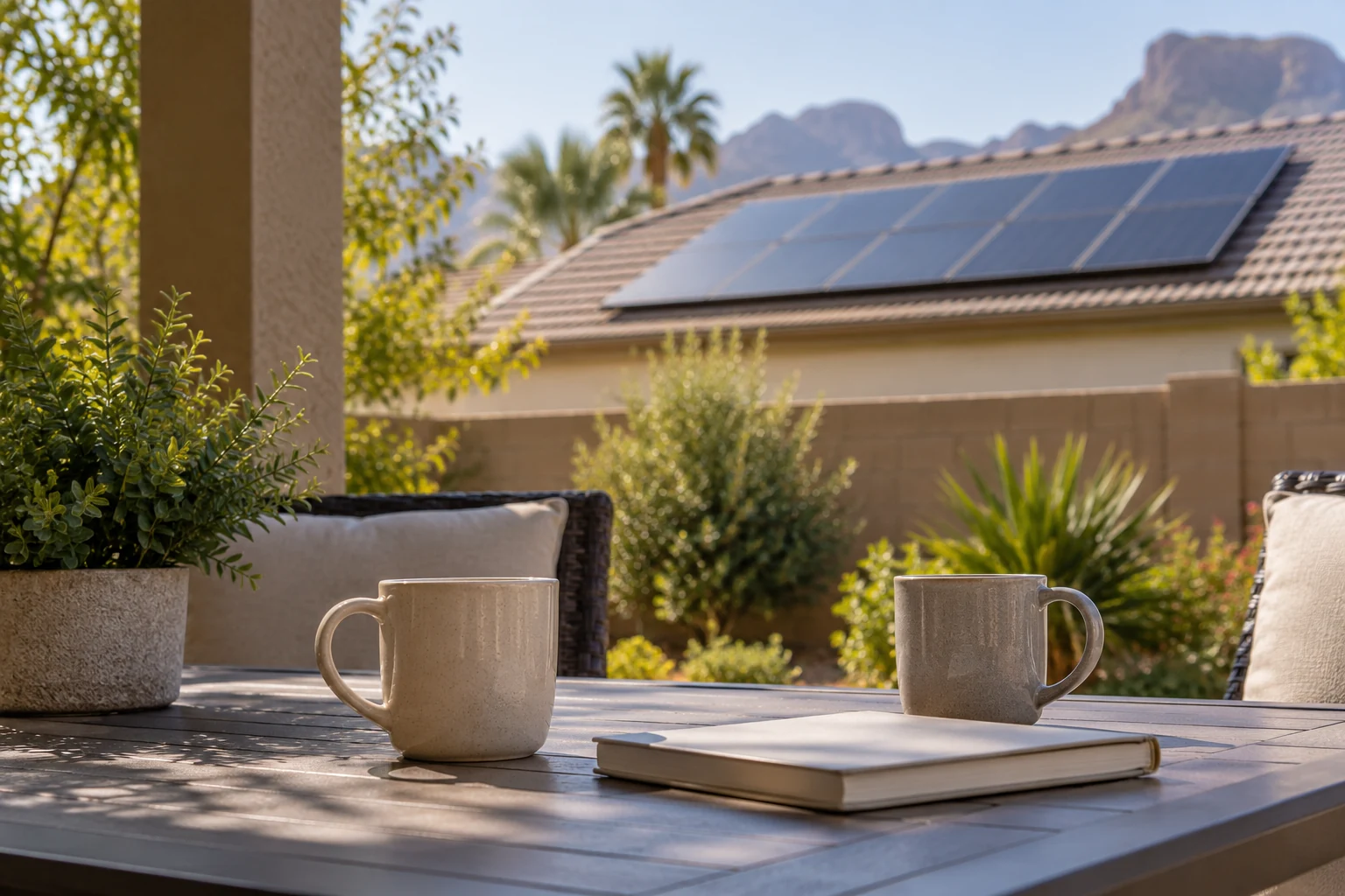 Patio table set for a conversation beside a solar home