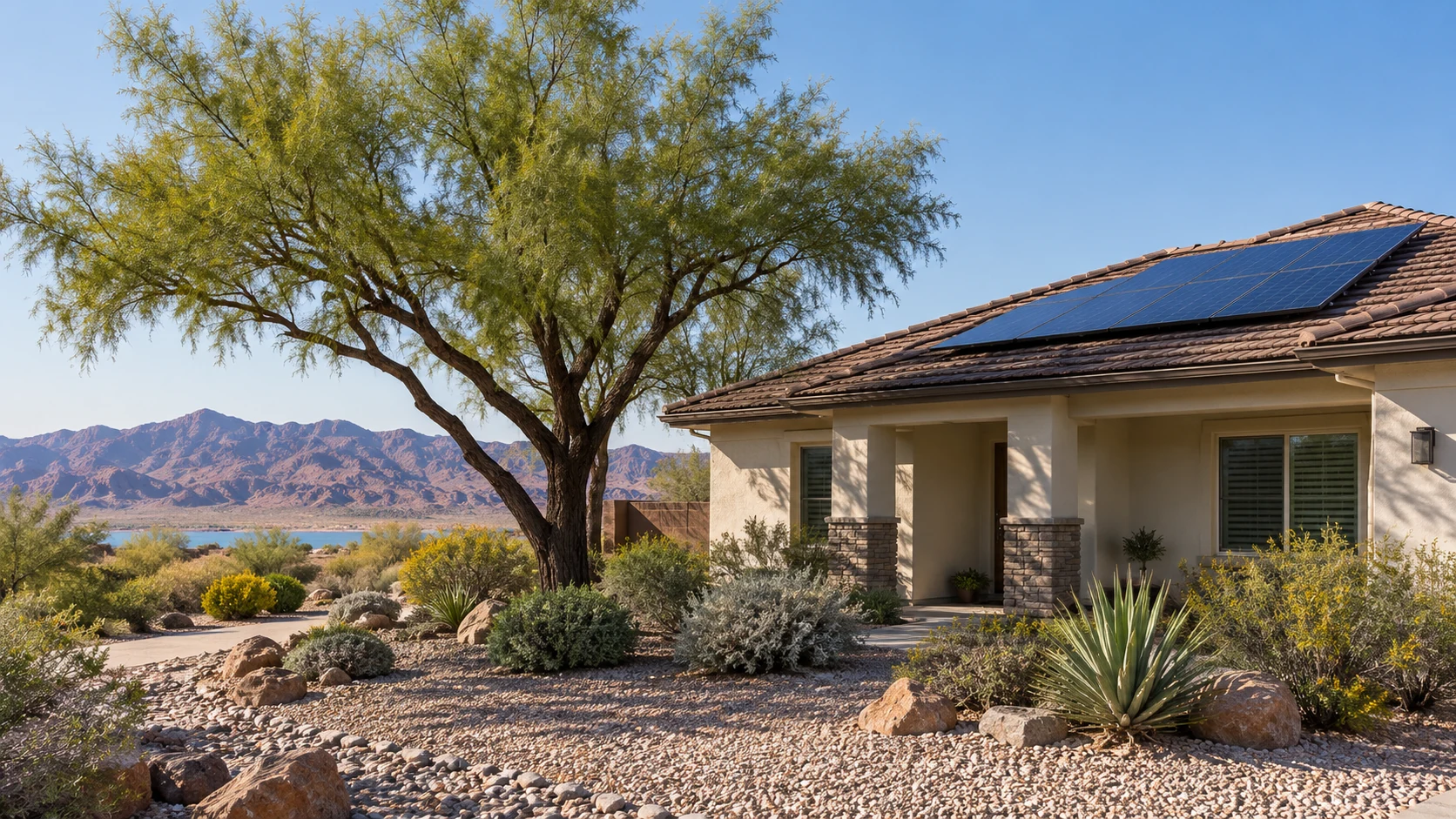 Compact solar array on a cream desert home beside a mature shade tree